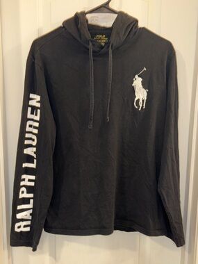 Ralph Lauren Black Long Sleeve Hooded Polo Pony Shirt with White Logo